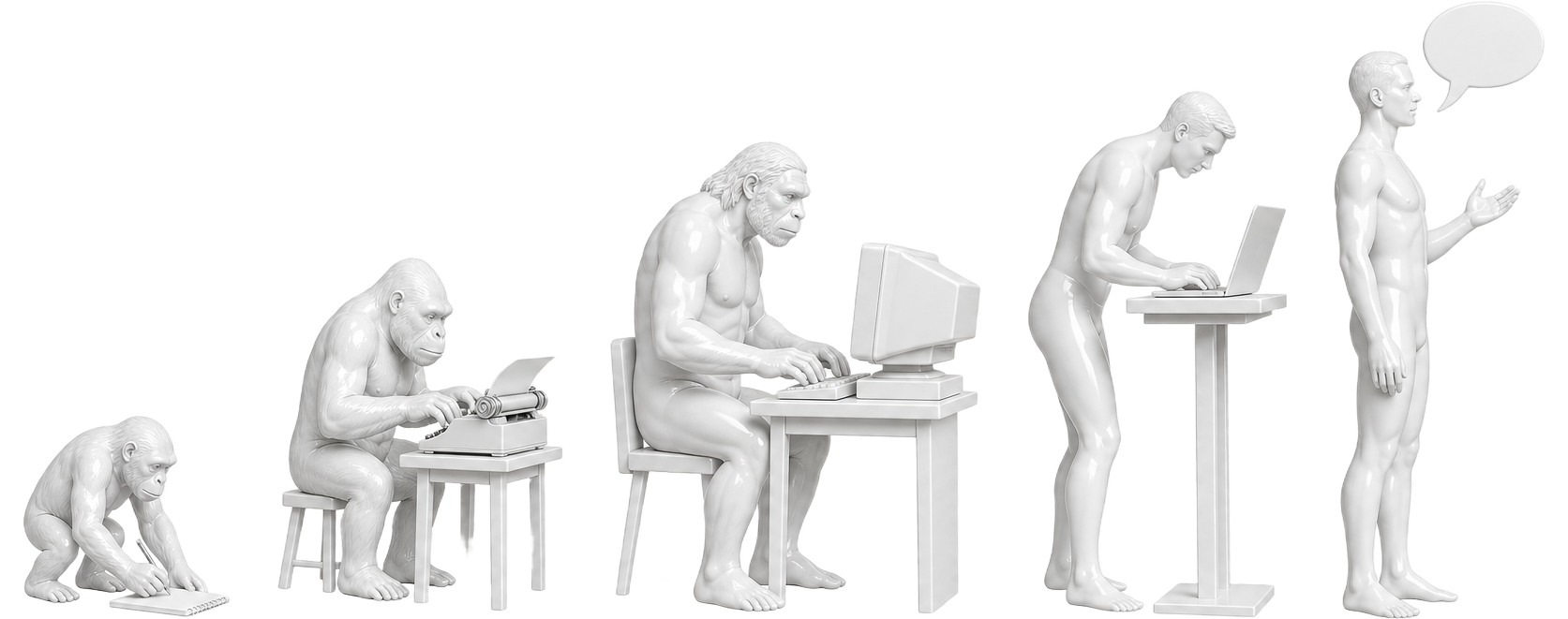 Silhouettes showing the evolution of note taking, from a chimp with a notepad to an upright person carrying nothing