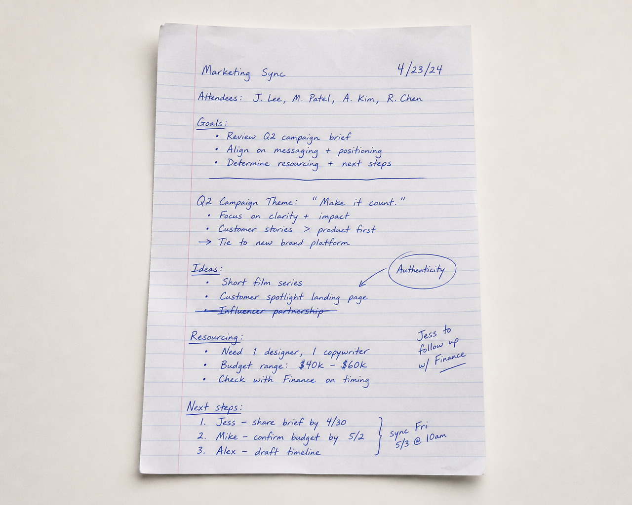 A sheet of lined paper covered in messy handwritten meeting notes